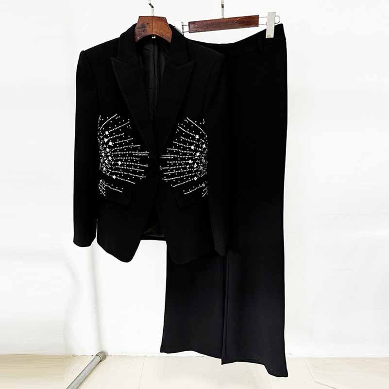 Black Bead Embellished One Button Pantsuit Black Formal Suit