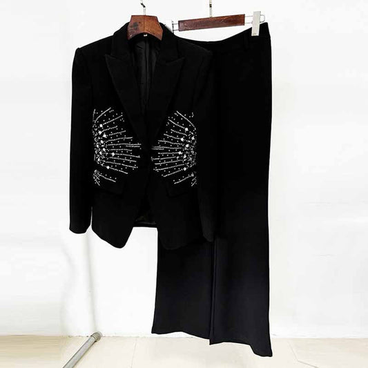 Black Bead Embellished One Button Pantsuit Black Formal Suit
