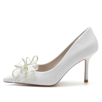 Bow Detail Wedding Shoes Glitter High Heels Pointed Toe Bridal Wedding Shoes