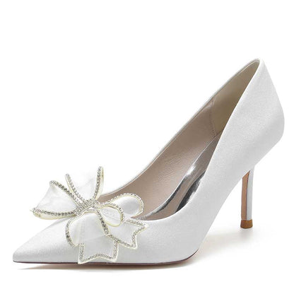 Bow Detail Wedding Shoes Glitter High Heels Pointed Toe Bridal Wedding Shoes