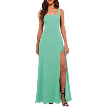 Square Neck Chiffon Bridesmaid Dress with High Split