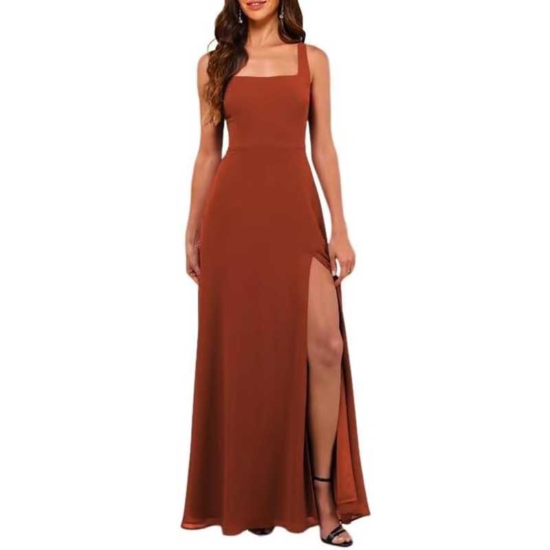 Square Neck Chiffon Bridesmaid Dress with High Split