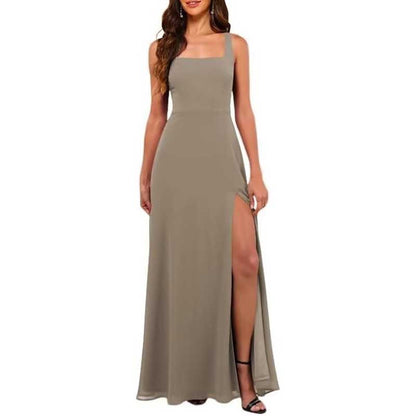 Square Neck Chiffon Bridesmaid Dress with High Split