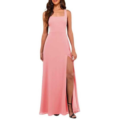 Square Neck Chiffon Bridesmaid Dress with High Split