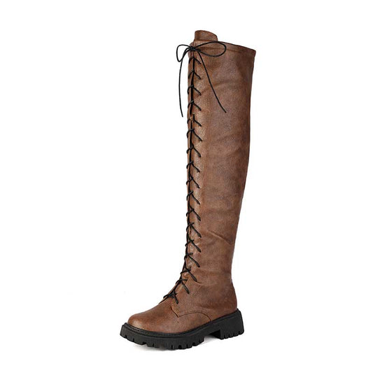 Women's Low Heel Knee-High Boots | Lace-Up Front & Side Zipper