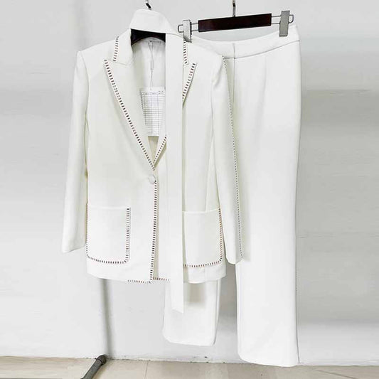 One Button Pantsuit Scarf Embellished Oversized Pant Suit For Wedding