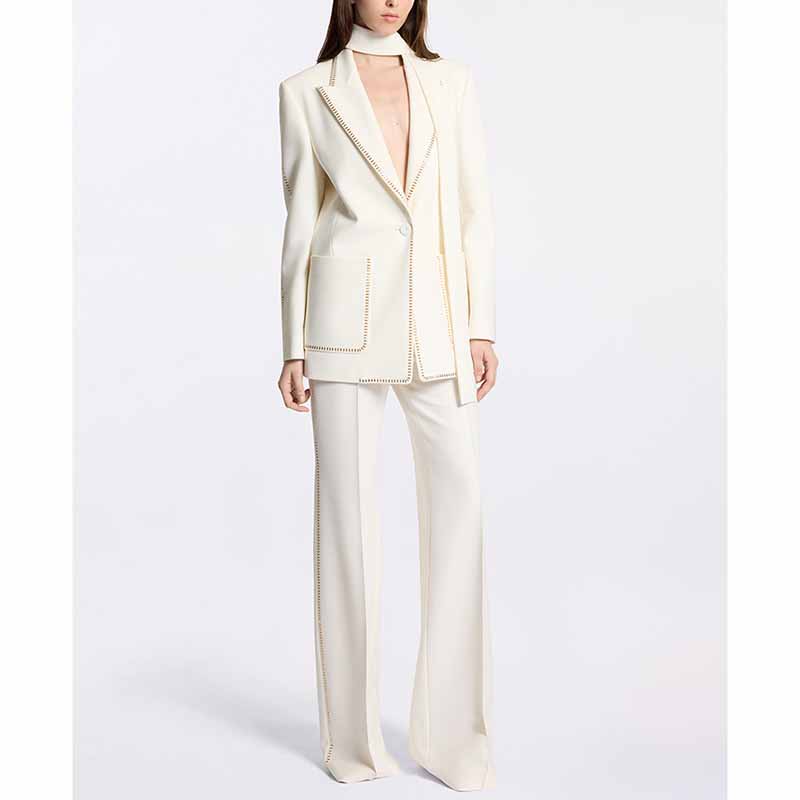 One Button Pantsuit Scarf Embellished Oversized Pant Suit For Wedding