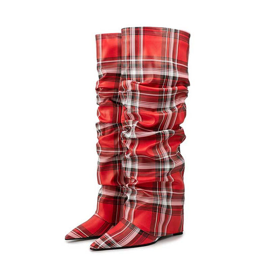 Women's Plaid & Geometric Print OTK Boots | 3.94" Wedge Heel