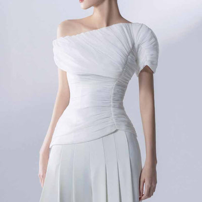 Wide Leg Pantsuit White One Shoulder Wedding Suit