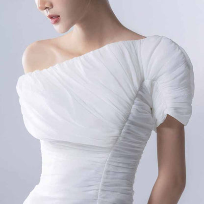 Wide Leg Pantsuit White One Shoulder Wedding Suit