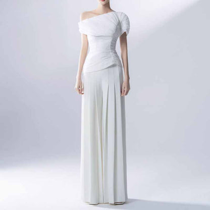 Wide Leg Pantsuit White One Shoulder Wedding Suit