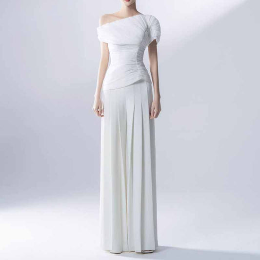 Wide Leg Pantsuit White One Shoulder Wedding Suit
