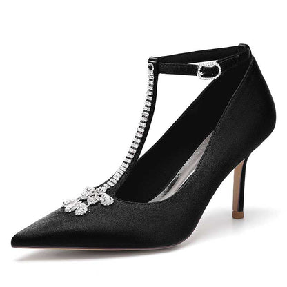 3.35" Point Toe Heels Wedding Shoes Crystal T-Strap Dress Shoes