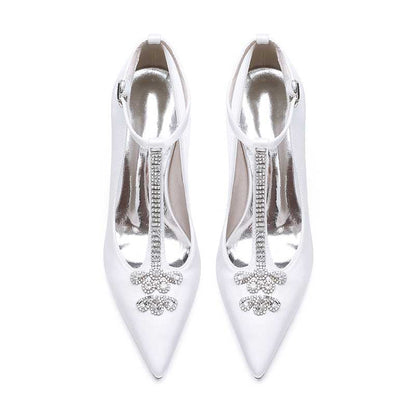 3.35" Point Toe Heels Wedding Shoes Crystal T-Strap Dress Shoes