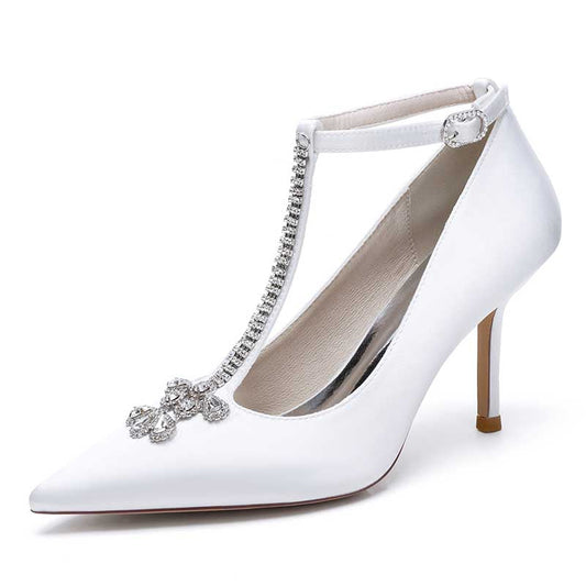 3.35" Point Toe Heels Wedding Shoes Crystal T-Strap Dress Shoes