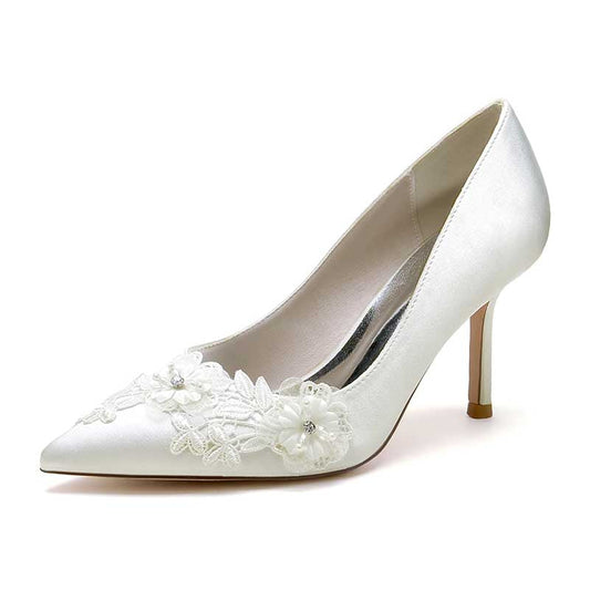 3.35" Pumps High Heels Wedding Shoes Flower Appliqued Bridal Shoes