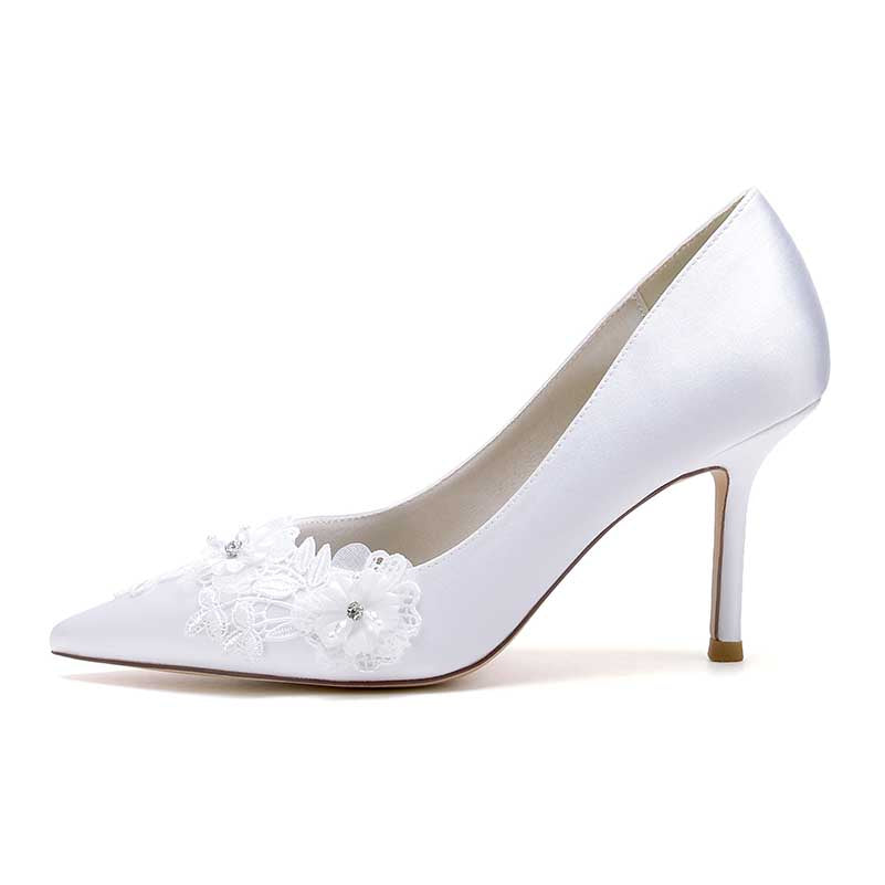 3.35" Pumps High Heels Wedding Shoes Flower Appliqued Bridal Shoes