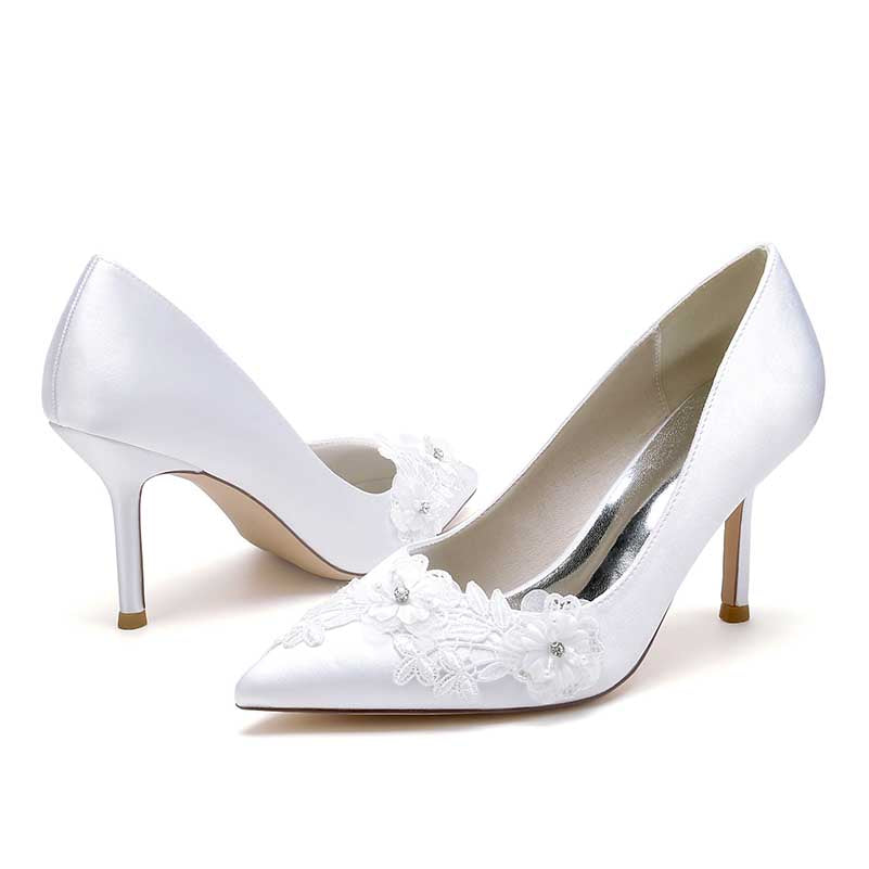 3.35" Pumps High Heels Wedding Shoes Flower Appliqued Bridal Shoes
