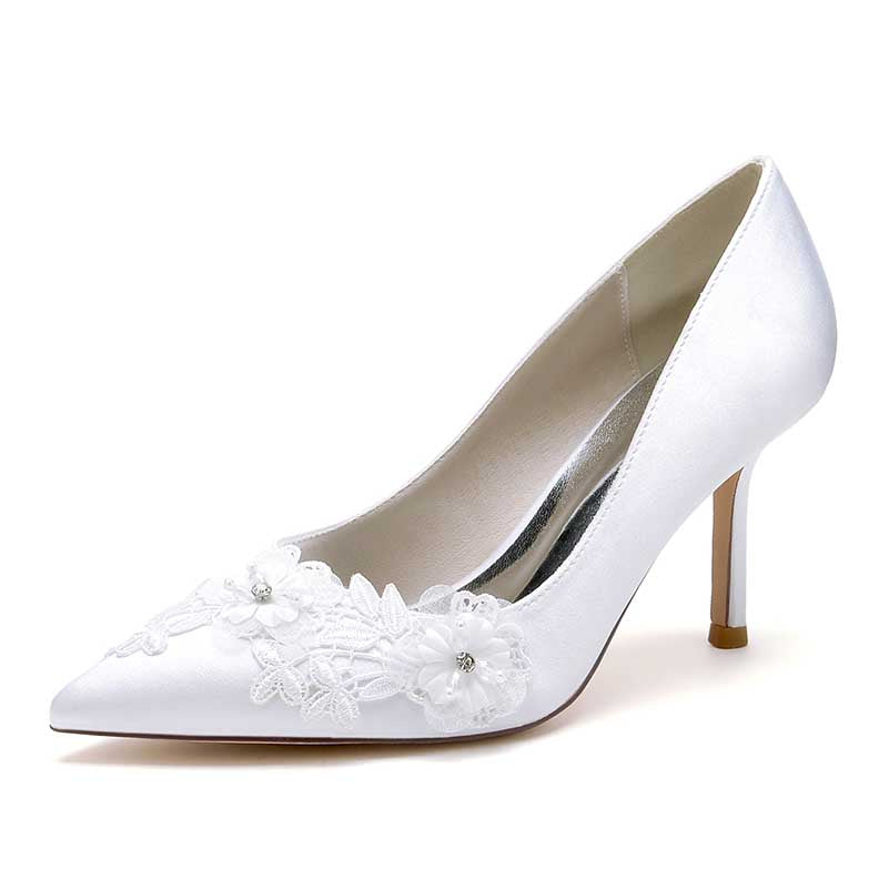 3.35" Pumps High Heels Wedding Shoes Flower Appliqued Bridal Shoes