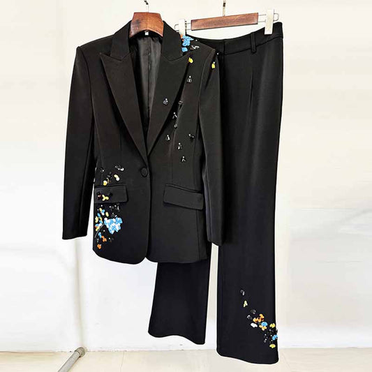 Sequin Embellished Pantsuit Black Slim Fit Suit For Formal Event