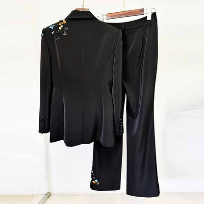 Sequin Embellished Pantsuit Black Slim Fit Suit For Formal Event