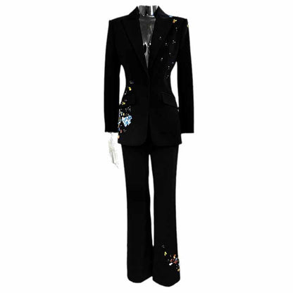 Sequin Embellished Pantsuit Black Slim Fit Suit For Formal Event