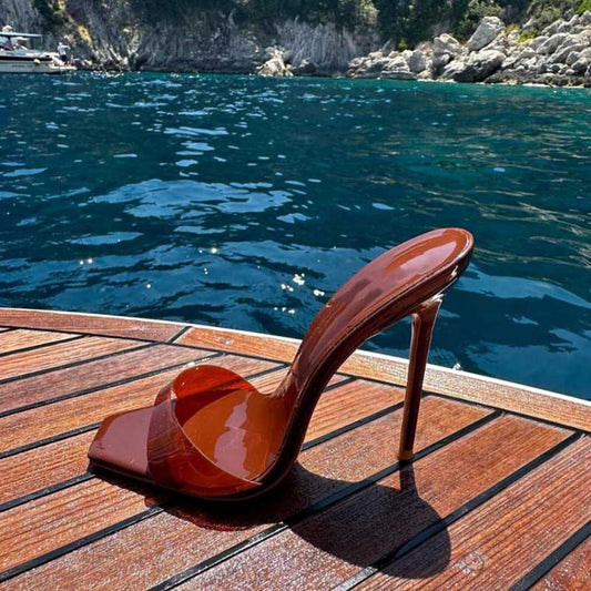 Square Toe High Heel Mules in Brown
