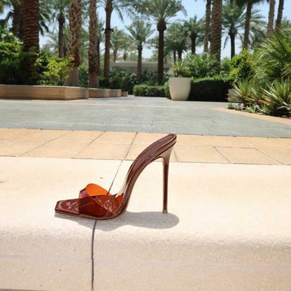 Square Toe High Heel Mules in Brown