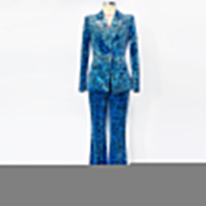 Women's Animal Print Velvet Pantsuit | Slim Fit Blazer & Trousers Set