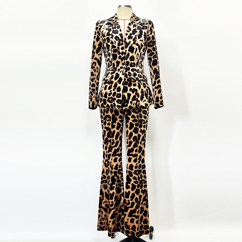 Women's Animal Print Velvet Pantsuit | Slim Fit Blazer & Trousers Set