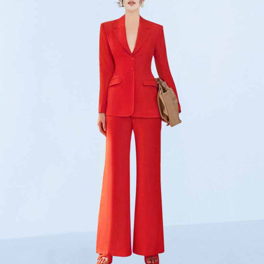 Wide-Leg Pantsuit Red Wedding Suit with V Neck