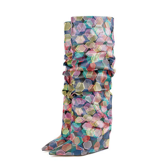 Women's Plaid & Geometric Print OTK Boots | 3.94" Wedge Heel