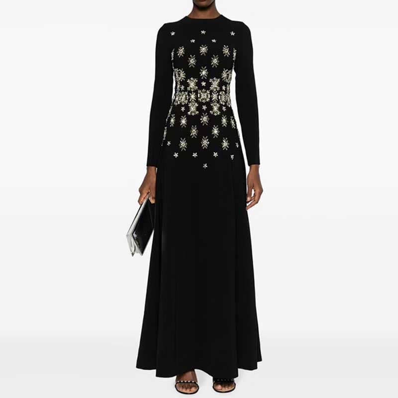 High Collar Black Beaded Long Formal Dress Prom Gown