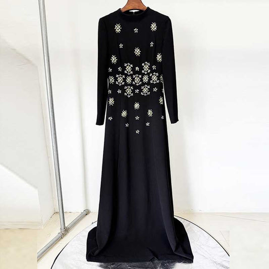 High Collar Black Beaded Long Formal Dress Prom Gown