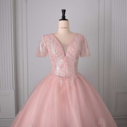 Quinceanera Dress Squin Appliques Short Sleeves Ball Gowns