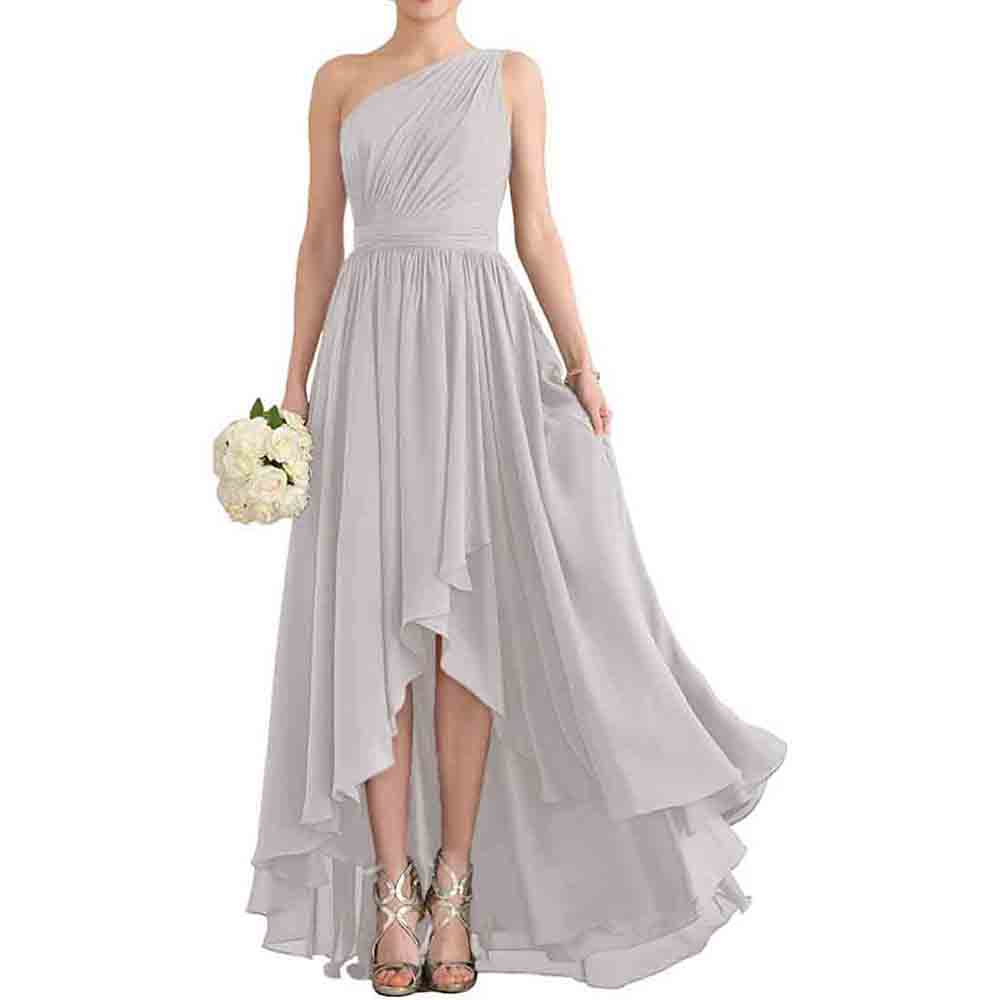 One Shoulder Bridesmaid Dresses High Low Chiffon Evening Formal Gown