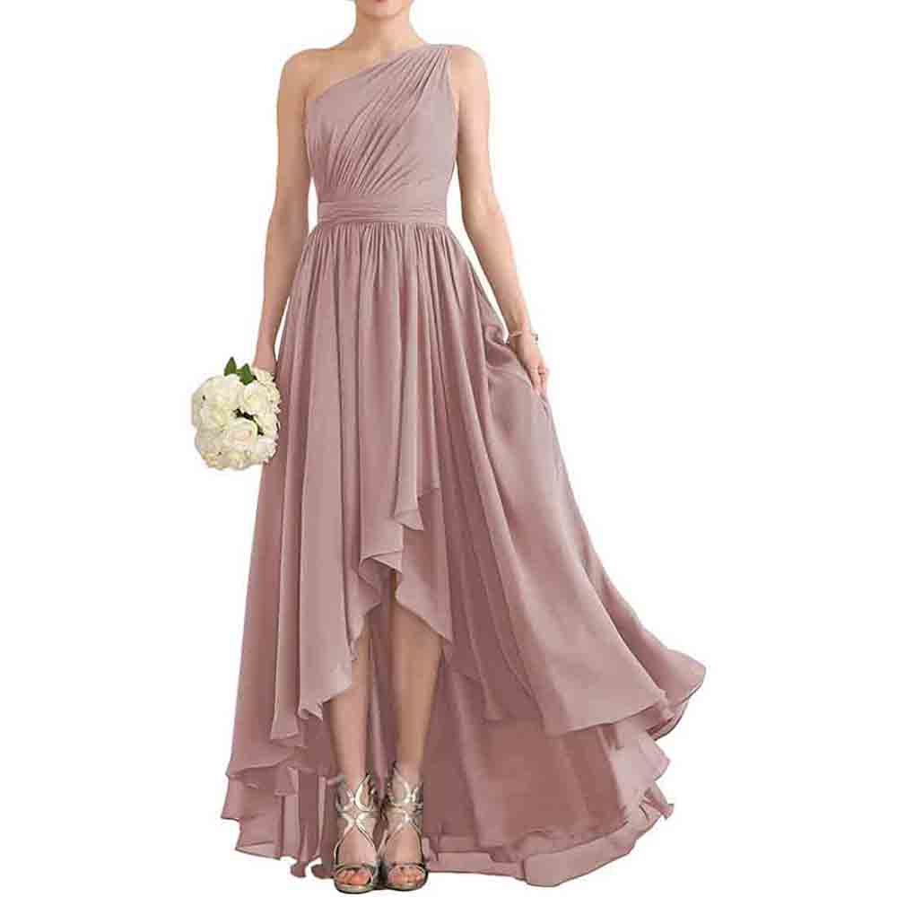 One Shoulder Bridesmaid Dresses High Low Chiffon Evening Formal Gown