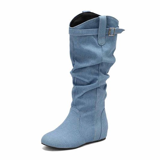 Knee high wedge boots for women in denim style with slouch design, perfect for fall fashion.