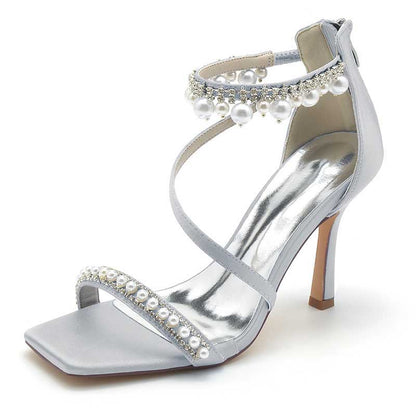 Women Back Zipper Bridal Shoes Square-Toe Wedding Sandals 3.74"
