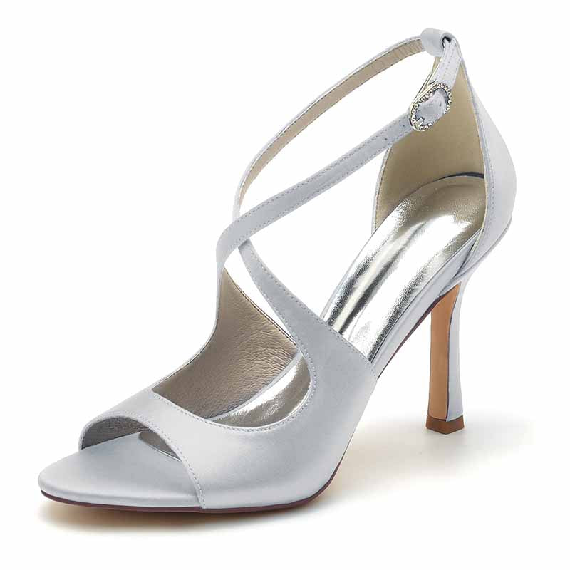 3.74" Peep Toe Satin Bridal Shoes Crossed Strappy Heels