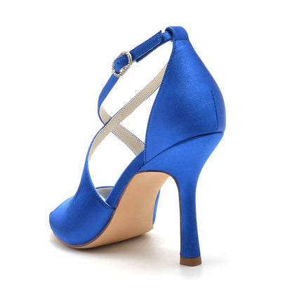3.74" Peep Toe Satin Bridal Shoes Crossed Strappy Heels