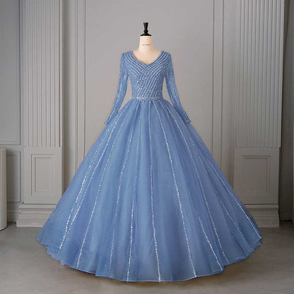 Long Sleeve Beaded Ball Gown V-Neck Formal Gowns