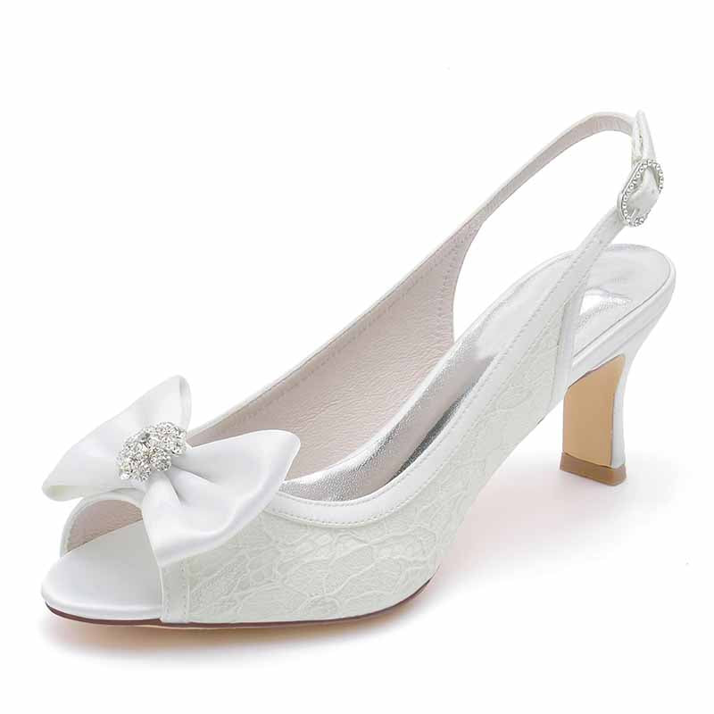 Bow Detail Lace Wedding Shoes 2.56" Slingback Kitten Heels