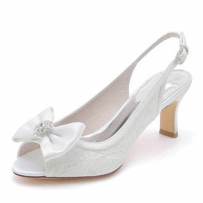 Bow Detail Lace Wedding Shoes 2.56" Slingback Kitten Heels