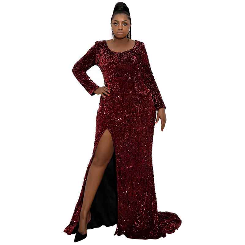 Women Plus Size Prom Dress Mermaid Gowns High Split Sequin Prom