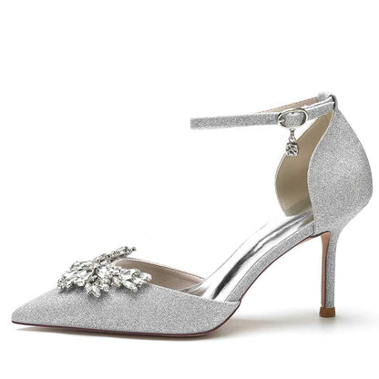Women's Pointed Toe Rhinestone Pumps Glitter Ankle Strap Wedding Bridal Shoes