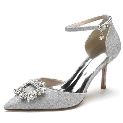 Pointed Toe Rhinestone Pumps Glitter Ankle Strap Wedding Shoes