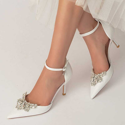 Women's Pointed Toe Rhinestone Pumps Glitter Ankle Strap Wedding Bridal Shoes