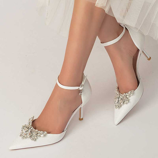 Women's Pointed Toe Rhinestone Pumps Glitter Ankle Strap Wedding Bridal Shoes