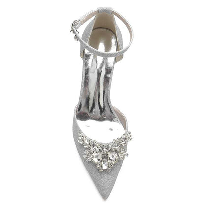 Women's Pointed Toe Rhinestone Pumps Glitter Ankle Strap Wedding Bridal Shoes